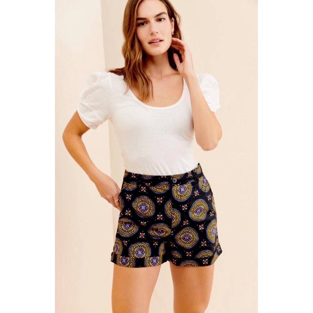 Maeve Anthropologie Abstract City Shorts Womens 6 Black Geometric Cuffed Boho